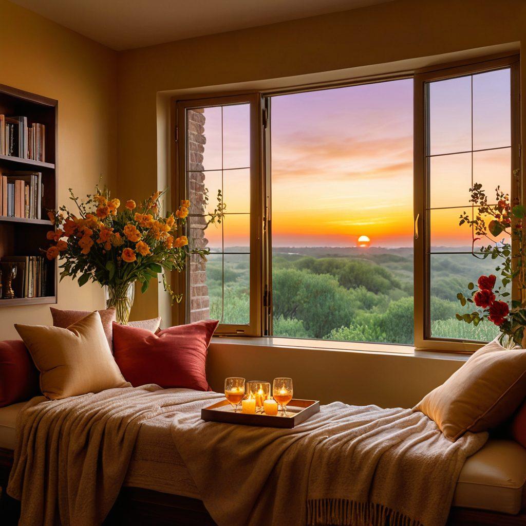 A captivating scene of a serene, inviting room filled with vibrant colors, featuring various sensual media items like romantic books, elegant wine glasses, and cozy blankets. Soft, warm lighting creates an intimate atmosphere, with a hint of exotic flowers in the background. An open window reveals a picturesque sunset, enhancing the feeling of joy and relaxation. The overall aesthetic should evoke a sense of pleasure and tranquility. super-realistic. vibrant colors. cozy ambiance.