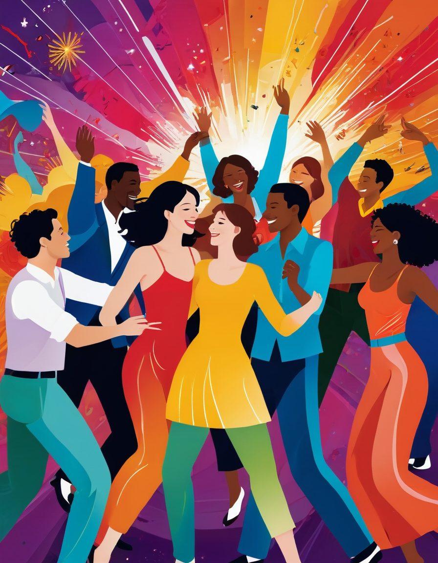 A captivating scene featuring diverse individuals joyfully engaging in various forms of sensual entertainment, surrounded by vibrant colors and dynamic expressions of happiness. Incorporate elements like dance, music, and artistic performances, emphasizing a warm and inviting atmosphere that celebrates freedom and creativity. The background should be colorful and lively with abstract patterns that convey motion and excitement. whimsical illustration. vibrant colors.